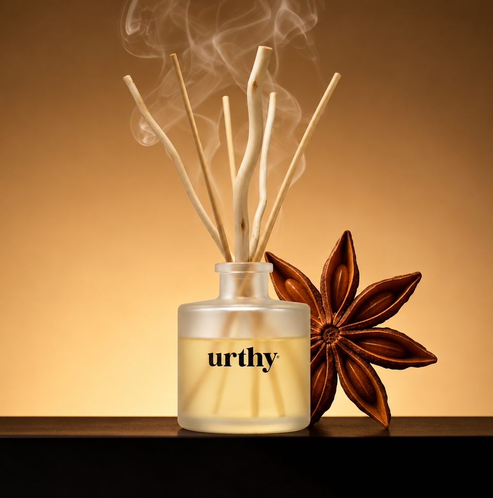 Holiday Reed Diffuser — Dirty Chai — 5 oz frosted glass with natural reeds — Urthy