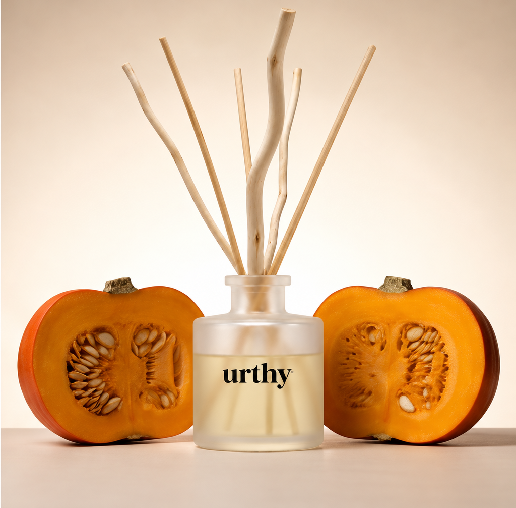 Holiday Reed Diffuser — Pumpkin Crema — 5 oz frosted glass with natural reeds — Urthy