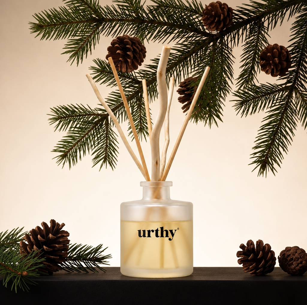 Holiday Reed Diffuser — Evergreens — 5 oz frosted glass with natural reeds — Urthy