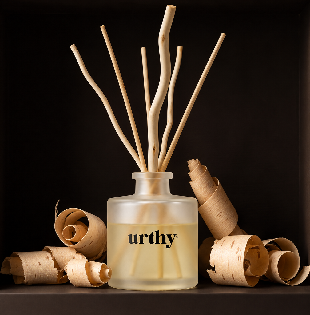 Holiday Reed Diffuser — Cabin Embers — 5 oz frosted glass with natural reeds — Urthy