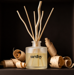 Holiday Reed Diffuser — Cabin Embers — 5 oz frosted glass with natural reeds — Urthy