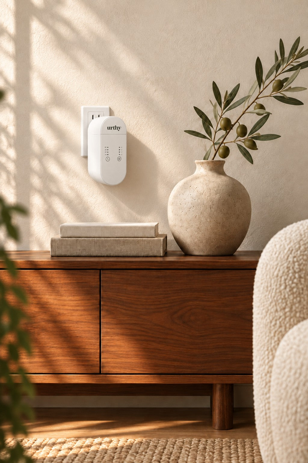Urthy Mist plug-in on a living room wall beside a vase on a wood console
